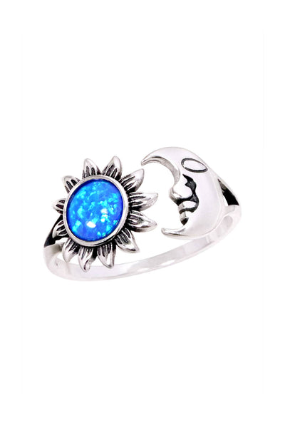 Blue Created Opal & Sterling Silver Sun & Moon Ring - SS