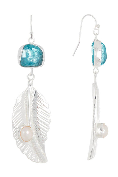 Aquamarine With Pearl Feather Drop Earrings - SF