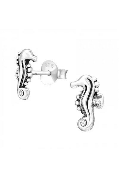Sterling Silver Seahorse Ear Studs With Crystal - SS