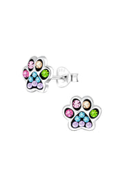 Sterling Silver & Mixed Crystal Paw Print Stud Earrings - SS