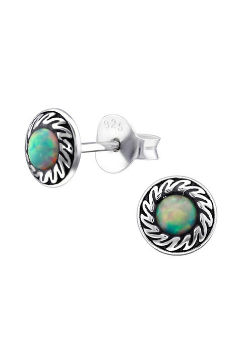 Sterling Silver Round Ear Studs With Opal - SS