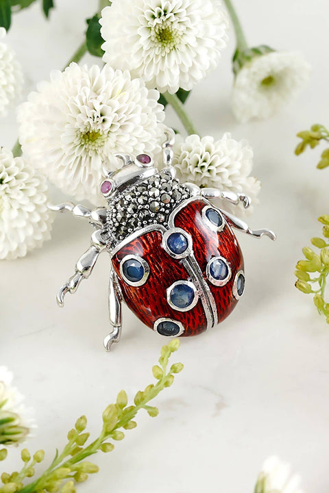 Sterling Silver & Marcasite Ladybug Brooch - SS