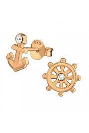 Sterling Silver Anchor and Wheel Ear Studs With Crystal - RG