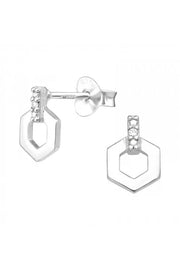 Sterling Silver Hexagon Ear Studs With Cubic Zirconia - SS