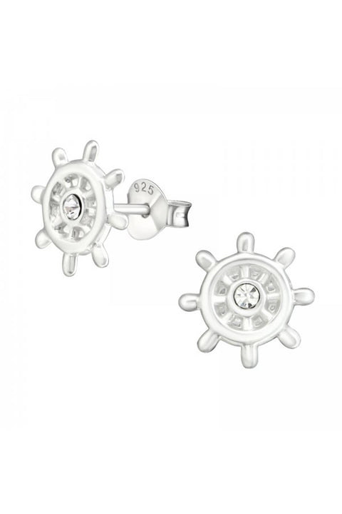 Children's Silver Ship's Wheel Ear Studs With Crystal - SS