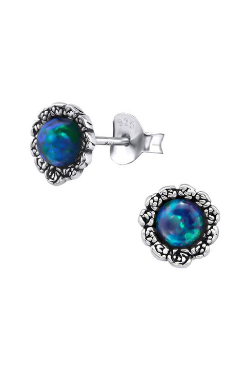 Sterling Silver Flower Ear Studs With Opal - SS