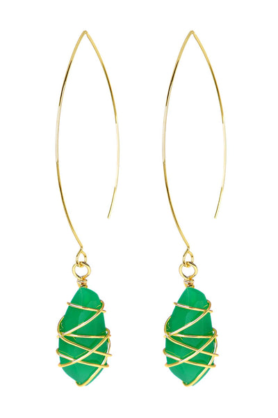 Green Chalcedony Crystal Wire Wrapped Threader Earrings - GF