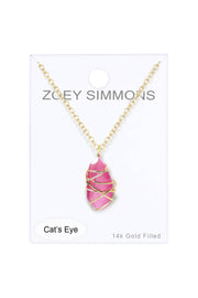 Pink Cat's Eye Wire Wrapped Pendant Necklace - GF