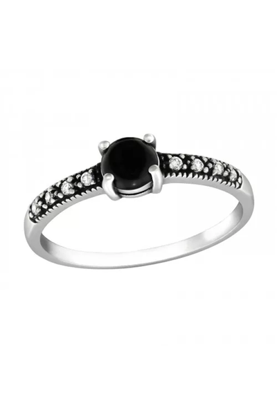 Sterling Silver Solitaire Ring With CZ and Onyx - SS