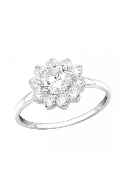 Sterling Silver Flower Ring With CZ - SS