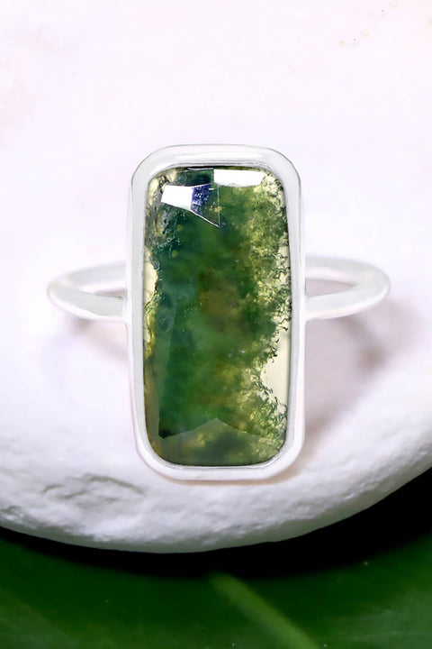 Moss Agate Rectangle Ring - SF