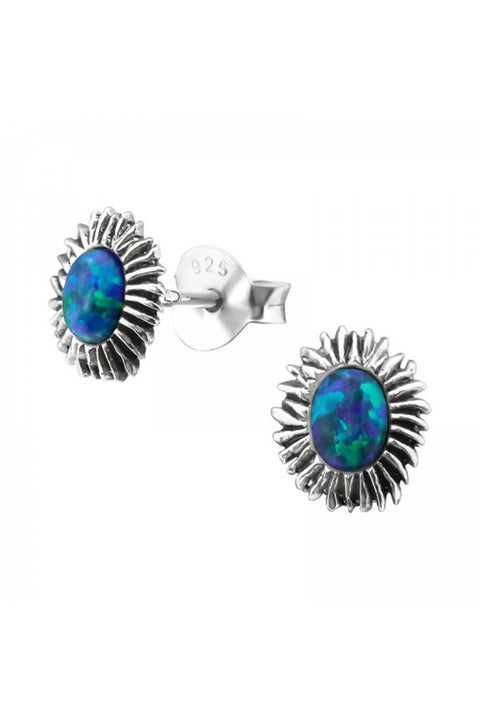 Sterling Silver Flower Ear Studs With Opal - SS