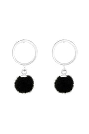 Sterling Silver Circle With Hanging Pom-Pom Ear Studs - SS