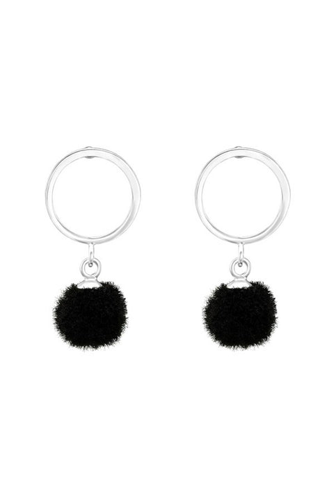 Sterling Silver Circle With Hanging Pom-Pom Ear Studs - SS
