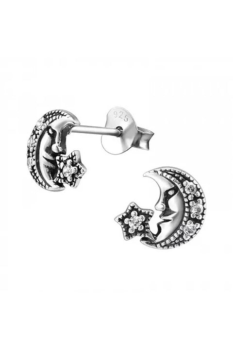 Sterling Silver Moon Ear Studs With Cubic Zirconia - SS