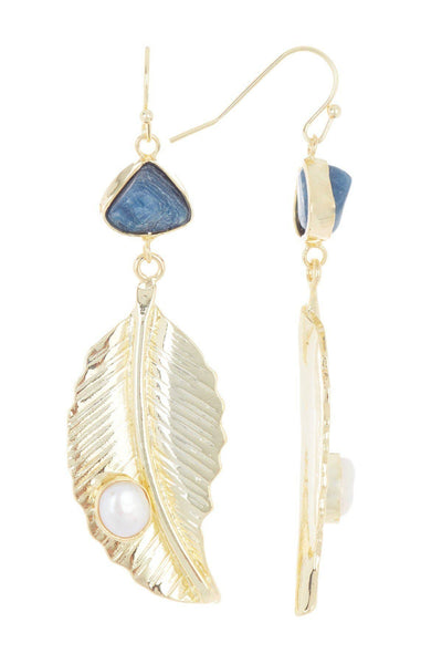 Kyanite & Pearl Feather Drop Earrings In Gold - GF