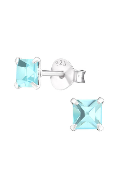 Sterling Silver Square 4mm Ear Studs With Crystals - SS