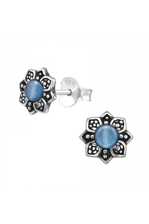 Sterling Silver Flower Ear Studs With Cat Eye - SS