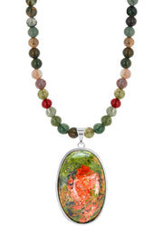 Mixed Jasper Beads Necklace With Unakite Pendant - SF