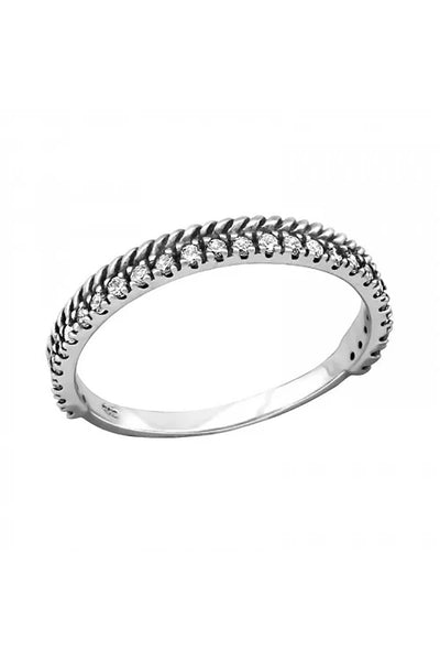 Sterling Silver Bali Pattern Band Ring With CZ - SS