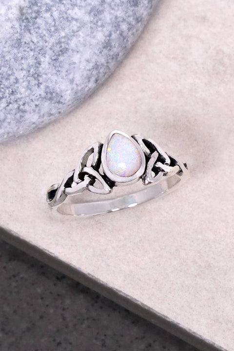 White Created Opal & Sterling Silver Celtic Ring - SS