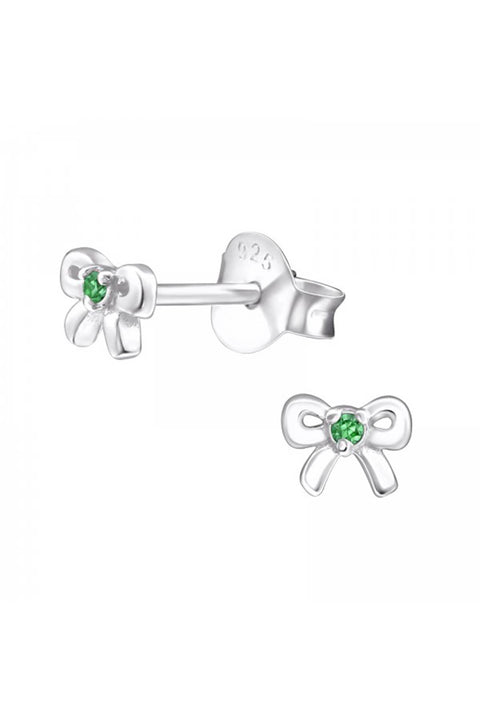 Sterling Silver Birthstone Bow Ear Studs With CZ - SS