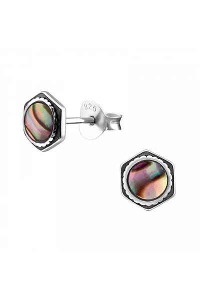 Sterling Silver Hexagonal Ear Studs & Imitation Stone - SS