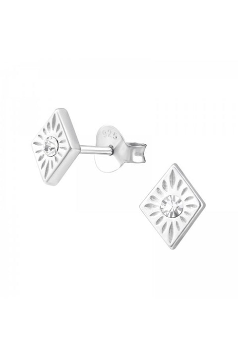 Sterling Silver Diamond Shaped Ear Studs With Crystal - SS