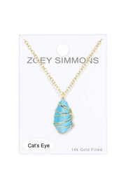 Blue Cat's Eye Wire Wrapped Pendant Necklace - GF