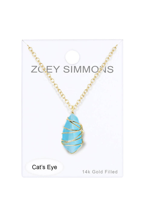 Blue Cat's Eye Wire Wrapped Pendant Necklace - GF