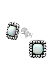 Sterling Silver Square Ear Studs With Opal - SS