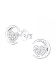 Sterling Silver Moon and Heart Ear Studs With CZ - SS