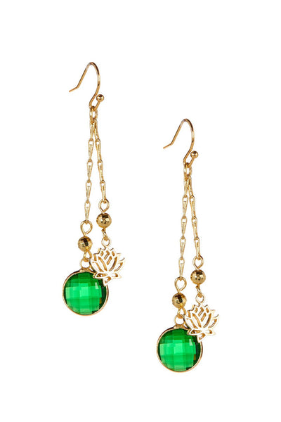 Emerald Crystal & Lotus Drop Earrings In Gold - GF