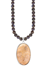 Labradorite Beads Necklace With Lily Fossil Pendant - SF