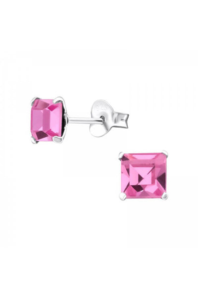 Sterling Silver Square 6mm Ear Studs With Crystals - SS