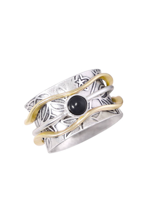 Black Onyx Floral Pattern Spinner Ring - SF