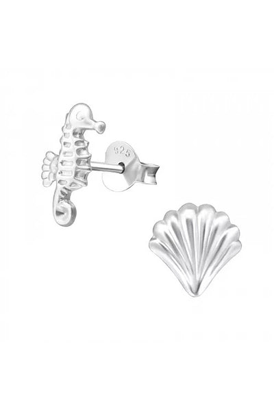 Sterling Silver Shell and Seahorse Ear Studs - SS