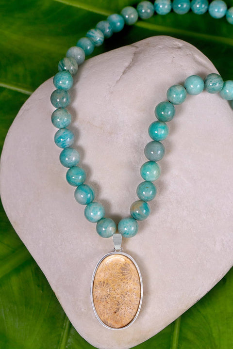 Amazonite Beads Necklace With Lily Fossil Pendant - SF