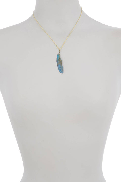 Natural Blue Patina Feather Pendant Necklace - GF