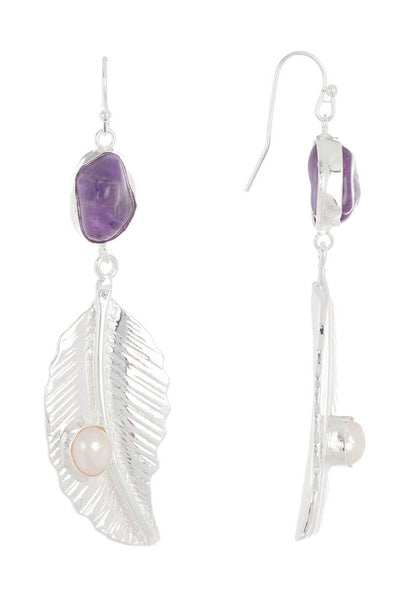 Amethyst With Pearl Feather Drop Earrings - SF