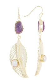 Amethyst & Pearl Feather Drop Earrings In Gold - GF