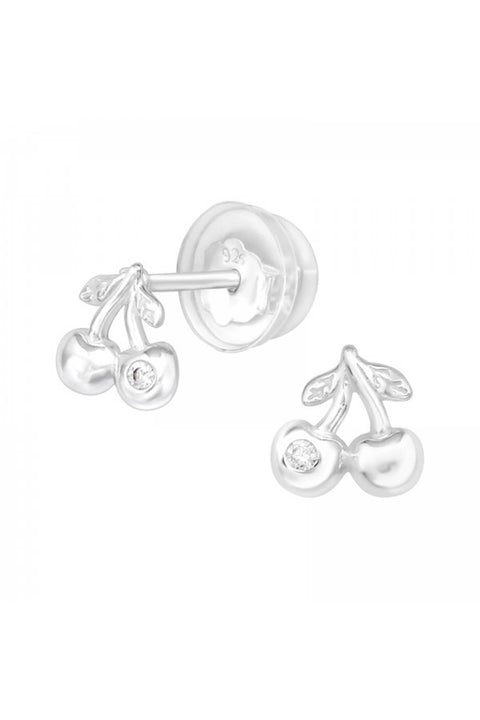 Children's Sterling Silver Cherry Ear Studs & CZ - SS