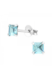 Sterling Silver Square 4mm Ear Studs With Crystal - SS