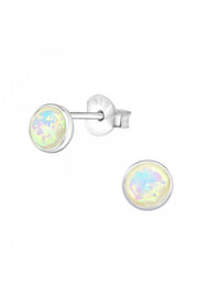 Sterling Silver Round Ear Studs With Synthetic Opal - SS