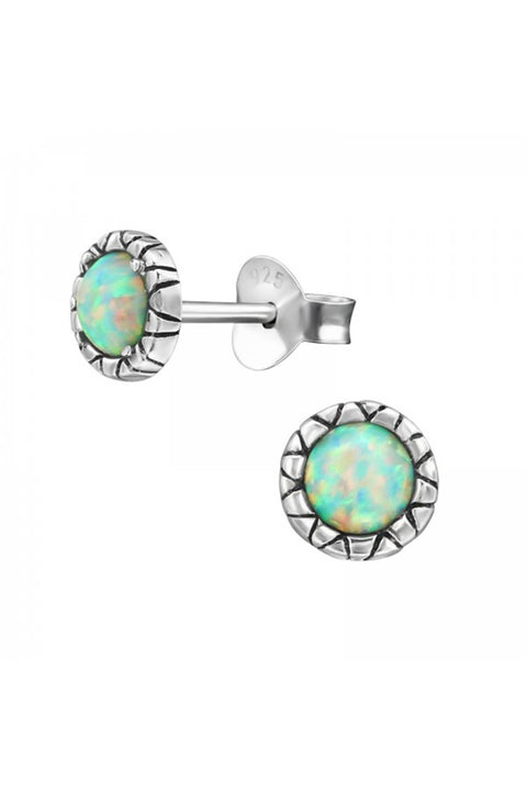 Sterling Silver Round Ear Studs With Opal - SS