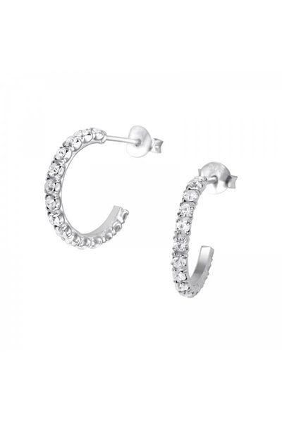 Sterling Silver Semi Hoops Ear Studs With Crystal - SS