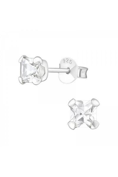Sterling Silver Square 4mm Ear Studs With CZ - SS