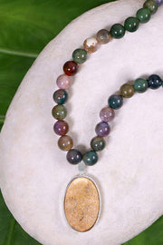 Mixed Jasper Beads Necklace With Lily Fossil Pendant - SF