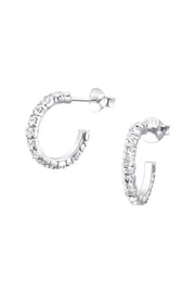 Sterling Silver Semi Hoops Ear Studs With Crystal - SS