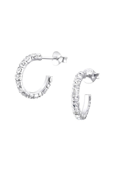 Sterling Silver Semi Hoops Ear Studs With Crystal - SS